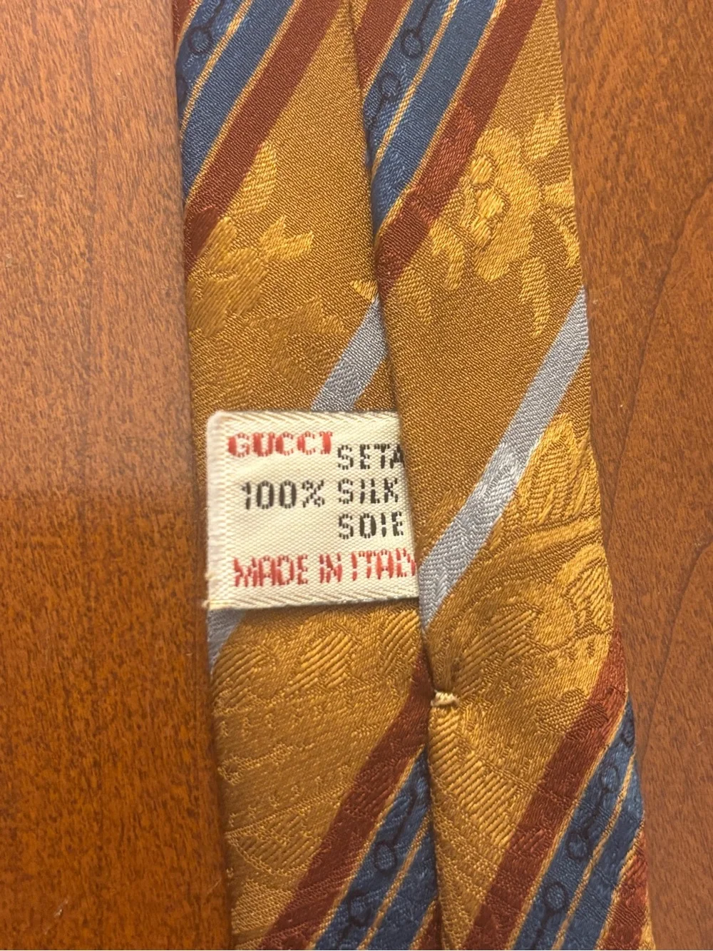 Vintage Gucci Silk Tie Mustard Hold Blue Red Stripes Made in Italy